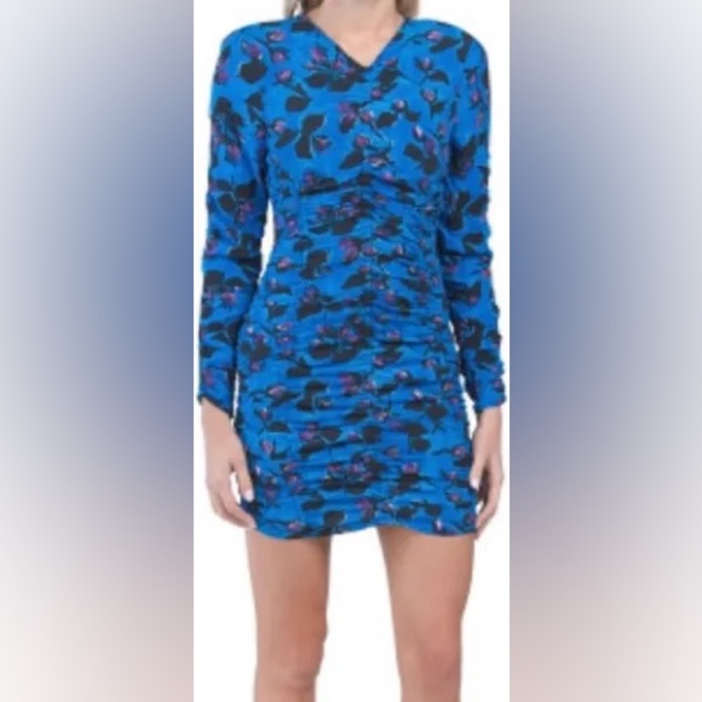 Zara Ruched Floral Draped Mini Dress in Blue Large